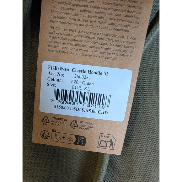 Fjällräven Classic Hoodie Mens XL Green Fleece Lined Long Sleeve Pullover NWT - Picture 5 of 5